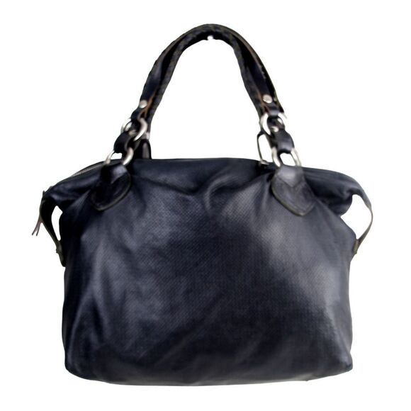 Pauric Sweeney ITALY PERFORATED BLACK GENUINE LEATHER SATCHEL HANDBAG TOTE PURSE - Picture 1 of 16